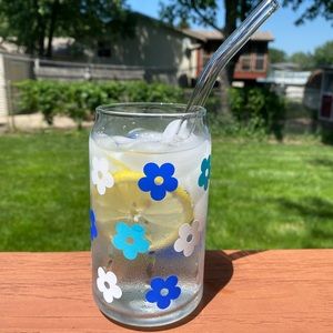 Flower libbey glass can cup || 16 oz || handmade